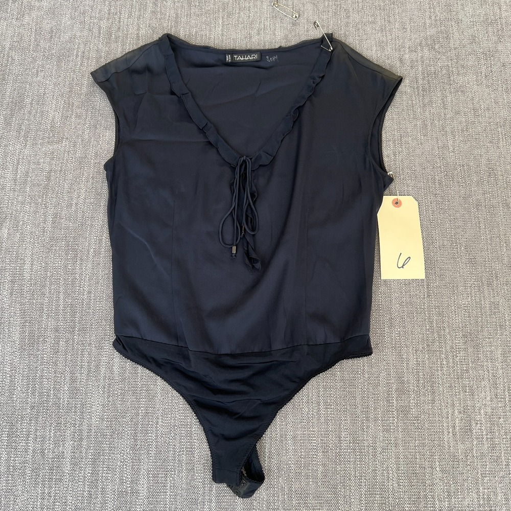 Tahari Bodysuit Women 6 Black Ruffle Necktie Sleeveless Minimalist Night Out